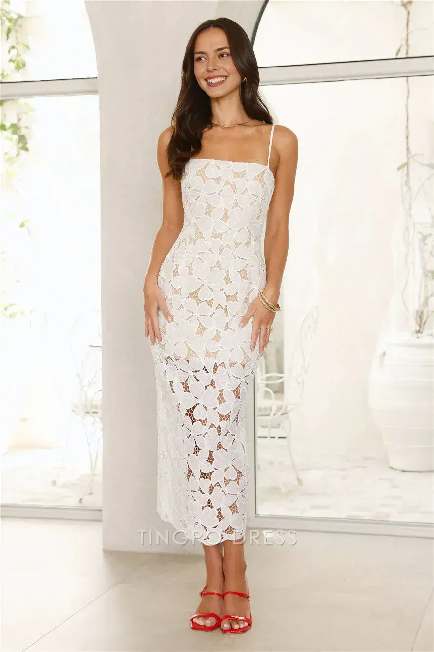 Elegant Sheath/Column Spaghetti Strap Floral Lace Midi Dress Prom Dress